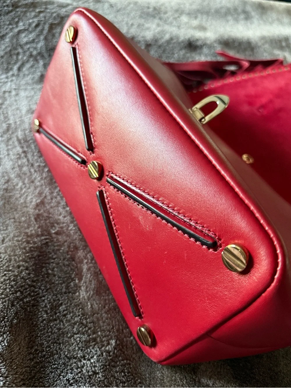Valentino Garavani Rockstud Red Medium Tote Bag Fringe Turn Lock Strap